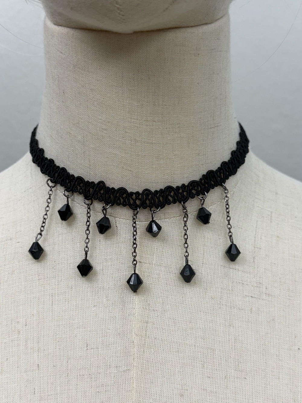 Black Gothic Beaded Choker Necklace Victorian Goth Lace Choker Y2K